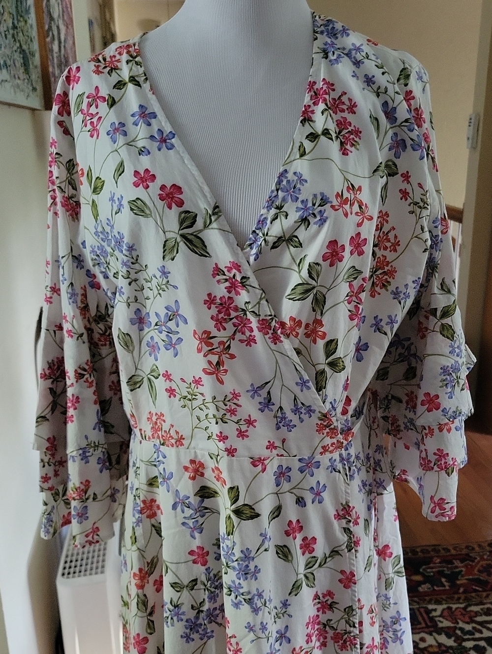 Calvin Klein Brand Floral Design White Cotton Wrap Dress
